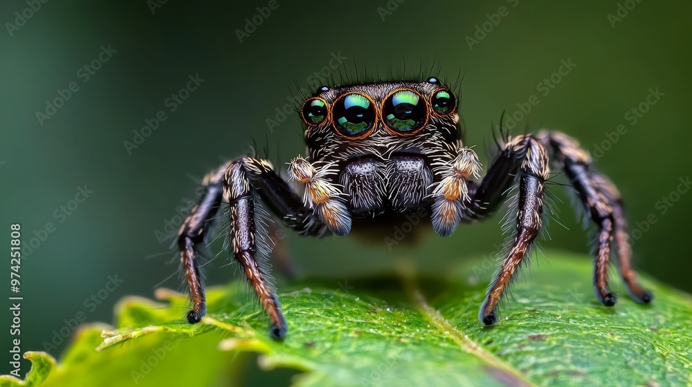 A tight shot of a jumping spider on a green leaf, its eyes distinctively marked with black and white stripes A tight shot of a jumping spider on a green leaf, its eyes distinctively marked with black and white stripes