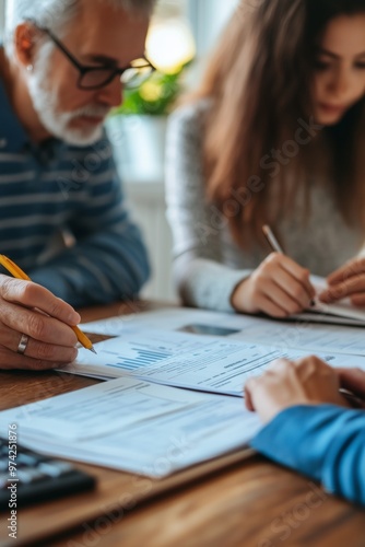 Elderly old man sits with young consultant at home, discussing pension retirement plans, insurance, and financial planning. Documents and laptop on the table as details for future financial security.