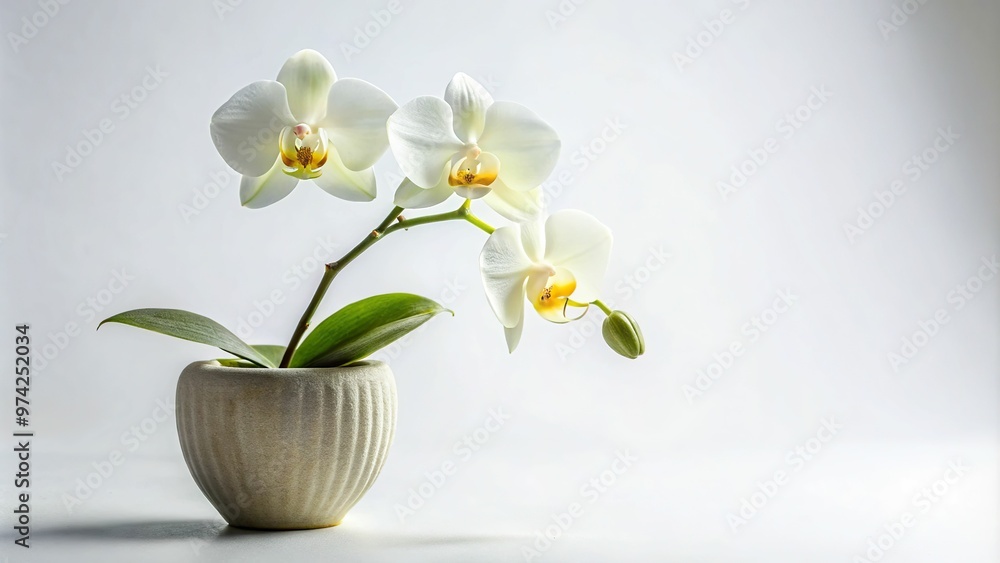 A delicate, white orchid blooms in a petite, dainty vase, set against a pure white background, showcasing its intricate details and textures. A delicate, white orchid blooms in a petite, dainty vase, set against a pure white background, showcasing its intricate details and textures.