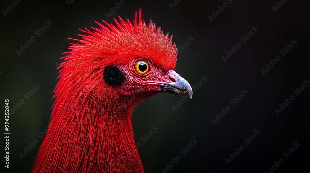 A red bird's head against a black background with a blurred backdrop A red bird's head against a black background with a blurred backdrop