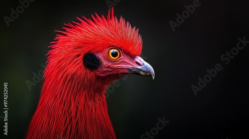  A red bird's head against a black background with a blurred backdrop