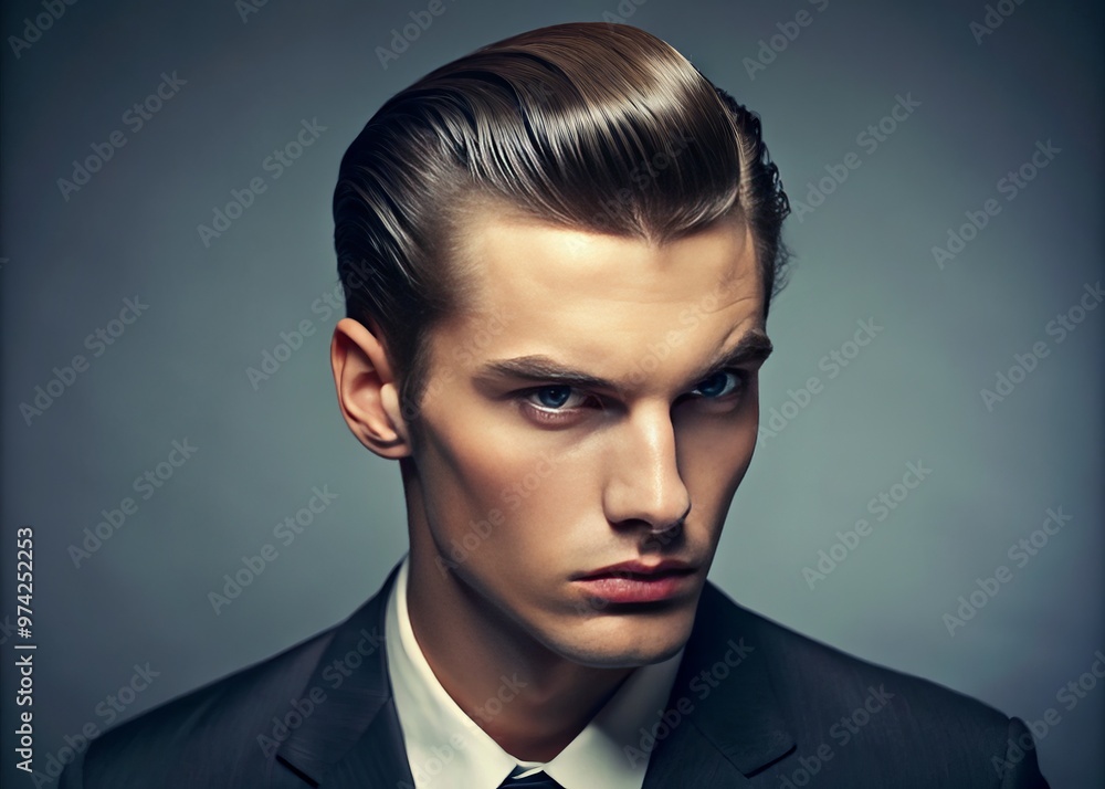 Slicked-back, voluminous hairdo with a prominent center part, oozing retro charm, completes a nostalgic 1950s-inspired Slicked-back, voluminous hairdo with a prominent center part, oozing retro charm, completes a nostalgic 1950s-inspired
