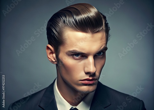 Slicked-back, voluminous hairdo with a prominent center part, oozing retro charm, completes a nostalgic 1950s-inspired photo