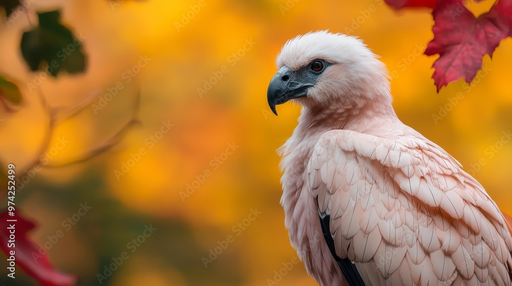 A white bird perched on a branch against a backdrop of a tree with red and yellow foliage A white bird perched on a branch against a backdrop of a tree with red and yellow foliage