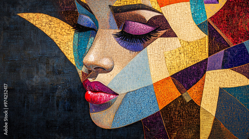 Abstract Portrayal of a Young Woman's Face Fragmented into a Mosaic of Angular Shapes in Deep Burgundy, Cobalt Blue, and Bright Coral