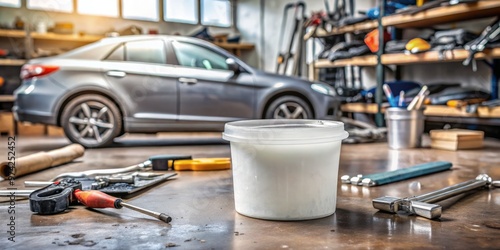 Small tub of grayish-white car repair compound with a flat applicator tool rests on a cluttered workbench amidst