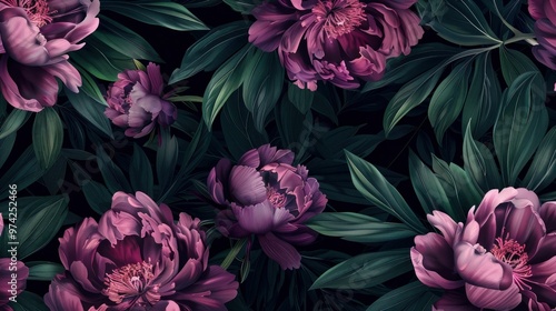 Fototapeta Naklejka Na Ścianę i Meble -  Beautiful dark floral pattern with peonies and leaves in shades of purple and green on a black background