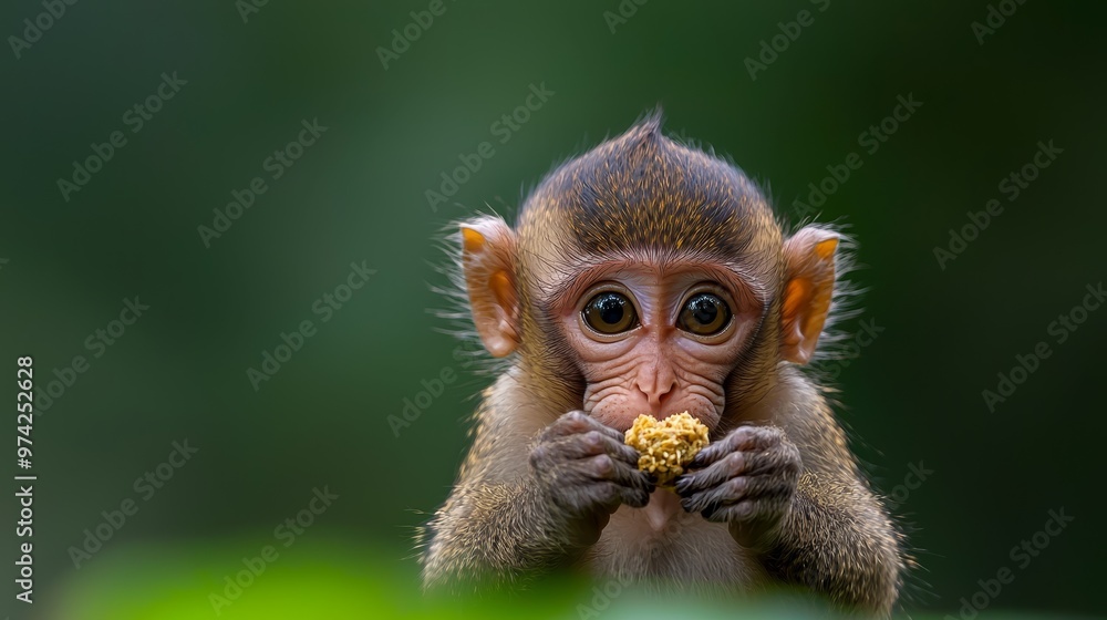 Fototapeta premium A tight shot of a monkey with its eyes open and mouth agape, consuming a morsel of food