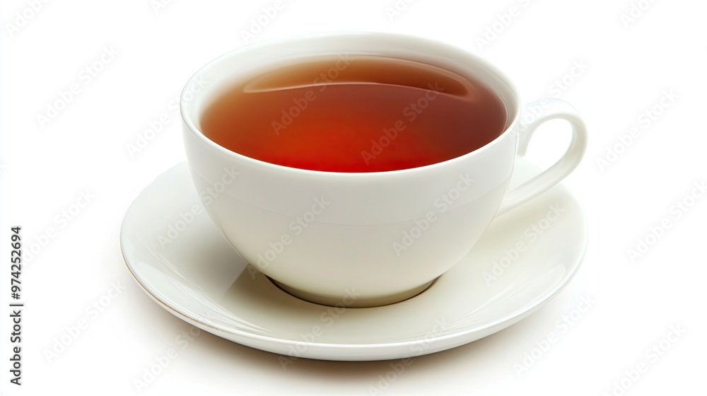 A white ceramic teacup filled with a warm, dark amber tea, sits on a matching saucer. The cup and saucer are isolated on a white background. A white ceramic teacup filled with a warm, dark amber tea, sits on a matching saucer. The cup and saucer are isolated on a white background.