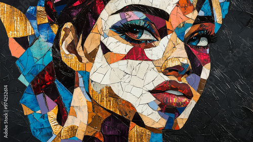 Abstract Portrayal of a Young Woman's Face Fragmented into a Mosaic of Angular Shapes in Deep Burgundy, Cobalt Blue, and Bright Coral