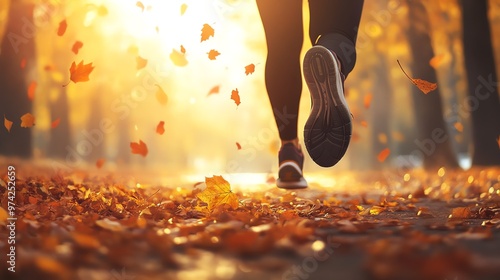 Low-angle view of a runner in a park at sunrise photo