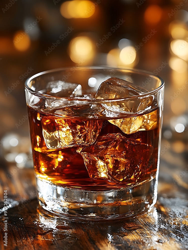 A glass of premium whiskey with large ice cubes, sitting on a refined wooden surface with rich, golden hues reflected in the liquid A glass of premium whiskey with large ice cubes, sitting on a refined wooden surface with rich, golden hues reflected in the liquid