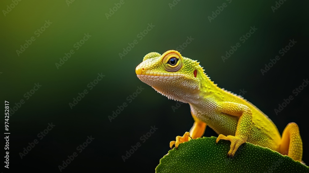 Fototapeta premium A close-up of a gecko on a green leaf against a dark background