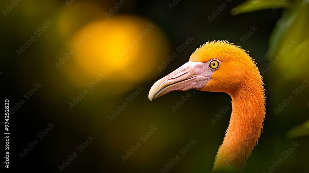 Fototapeta premium A tight shot of a long-necked bird with a vibrant yellow beak against a hazy backdrop of autumnal leaves