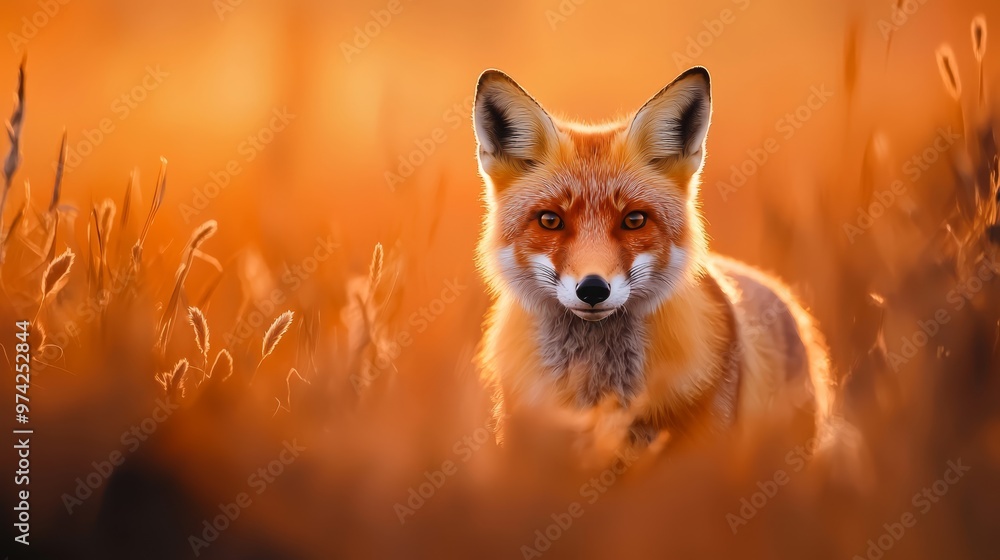 Fototapeta premium Afox in grassy field gazes at camera with hazy expression