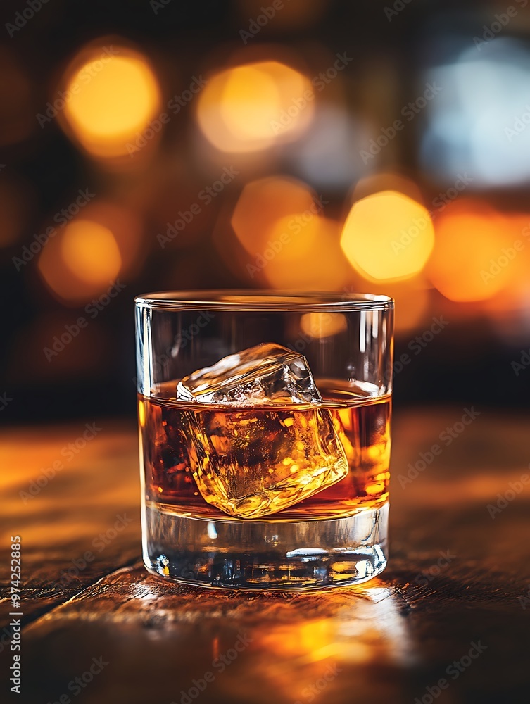 A shot of premium whiskey in a glass with a single ice cube, the golden liquid glistening under warm lighting, set against a rich wooden backdrop A shot of premium whiskey in a glass with a single ice cube, the golden liquid glistening under warm lighting, set against a rich wooden backdrop