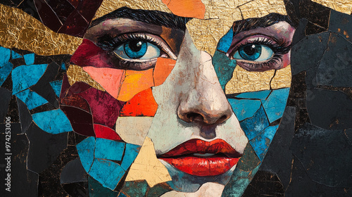 Abstract Portrayal of a Young Woman's Face Fragmented into a Mosaic of Angular Shapes in Deep Burgundy, Cobalt Blue, and Bright Coral