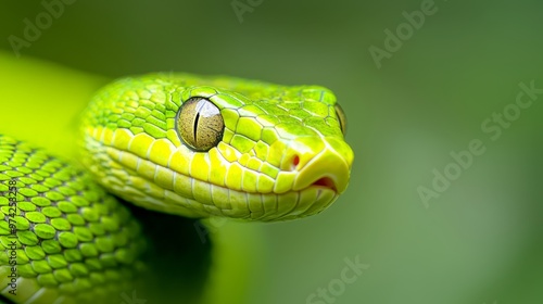  A tight shot of a green snake's head atop a verdant branch against softly blurred green surroundings