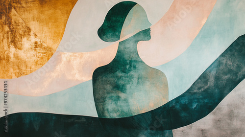 Elegant Abstract Depiction of a Young Woman with Bold Sweeping Lines and Translucent Shapes in Deep Emerald Green, Warm Gold, and Soft Pink