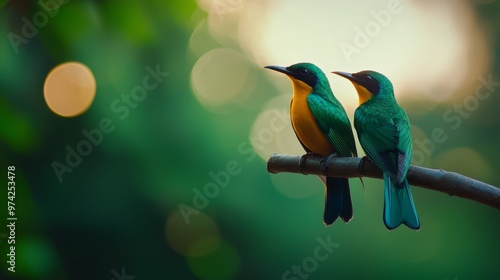  Two birds perched together on a tree branch against a hazy backdrop