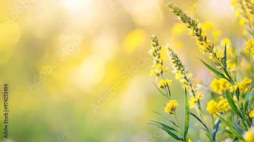  A tight shot of a plant displaying yellow blooms in sharp focus, surrounded by a hazy backdrop of similar yellow flowers