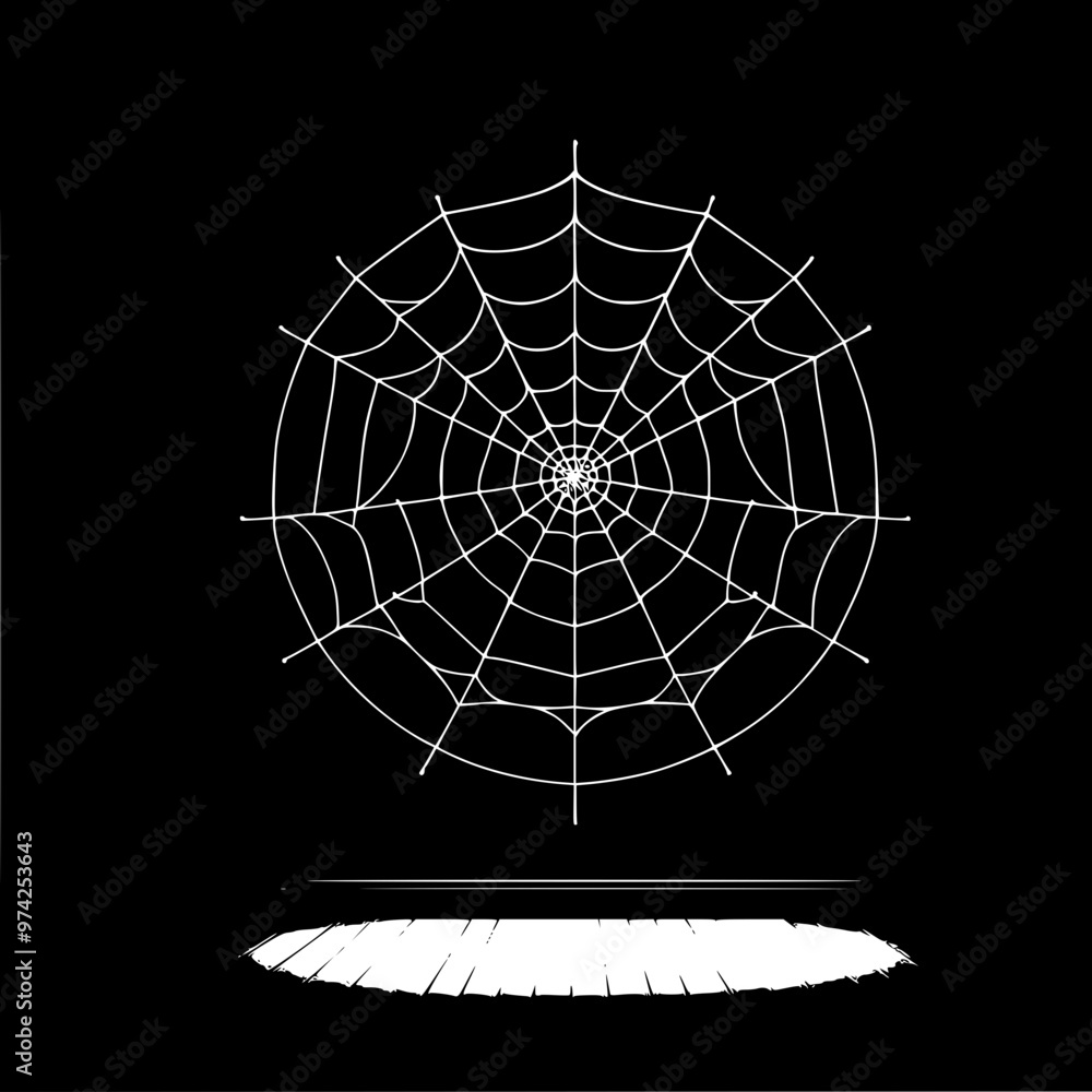 Obraz premium A large, complex glowing web on a dark background. Symmetrical pattern with concentric circles and radial lines. Stylized linear vector drawing