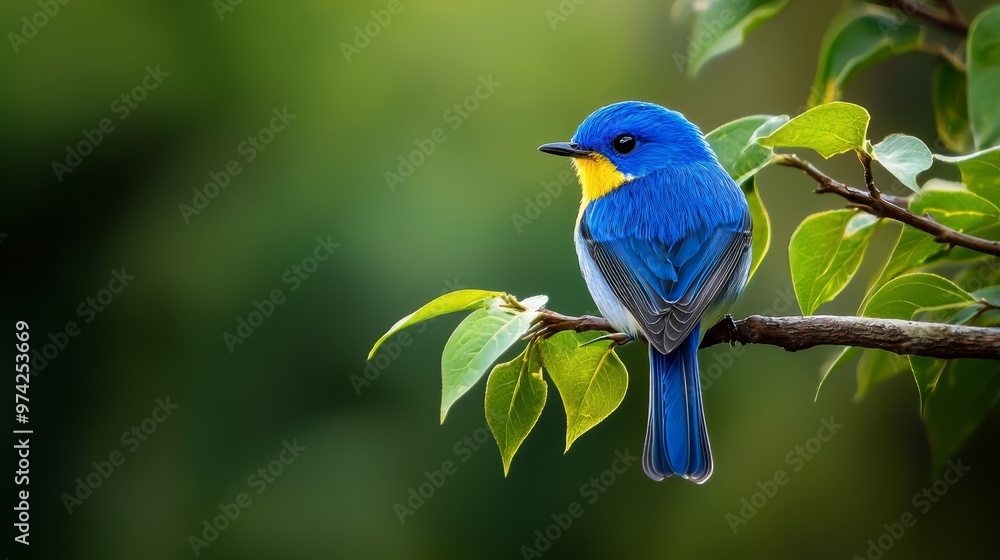 A blue bird perched on a tree branch, adorned with green leaves, against a softly blurred green backdrop A blue bird perched on a tree branch, adorned with green leaves, against a softly blurred green backdrop