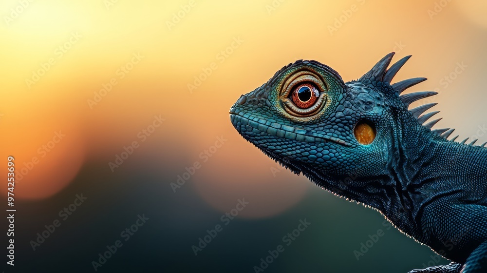 Fototapeta premium A lizard's face in sharp focus against an orange-yellow sky background