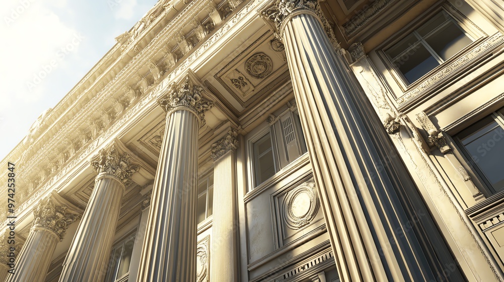 Side view of an ornate classical building, low angle perspective, afternoon sunlight casting gentle shadows, detailed Corinthian columns, realistic textures, CG 3D rendering Side view of an ornate classical building, low angle perspective, afternoon sunlight casting gentle shadows, detailed Corinthian columns, realistic textures, CG 3D rendering