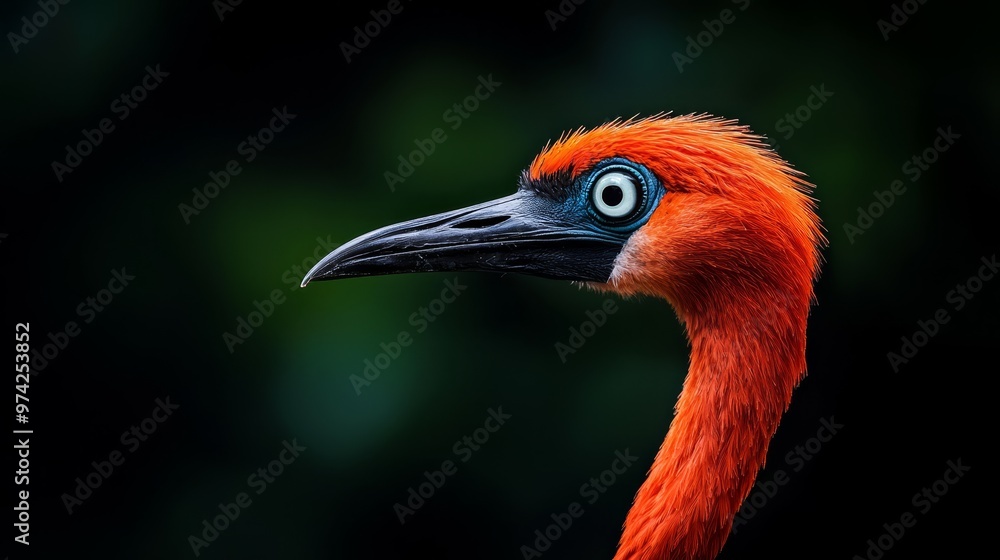 Fototapeta premium A tight shot of a bird with vibrant orange-blue head against a black backdrop, framed by trees in the distance