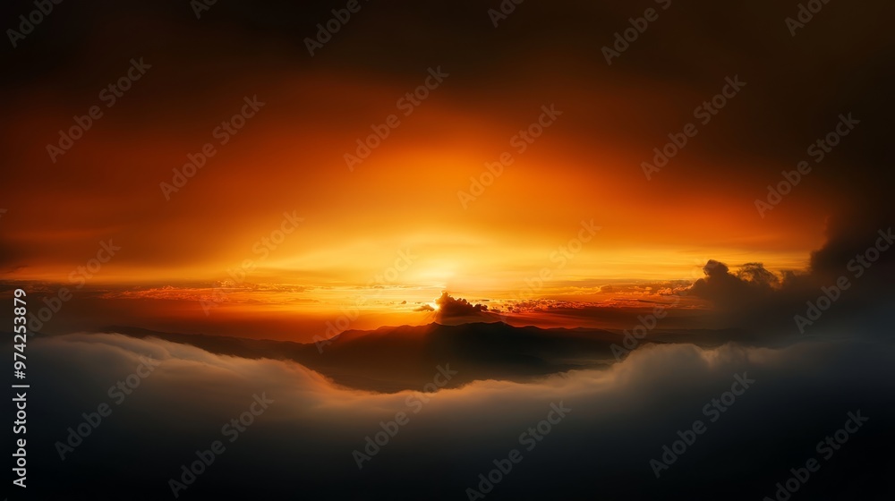 The sun sets over clouded skies, revealing a mountain range's silhouetted building in the distance The sun sets over clouded skies, revealing a mountain range's silhouetted building in the distance