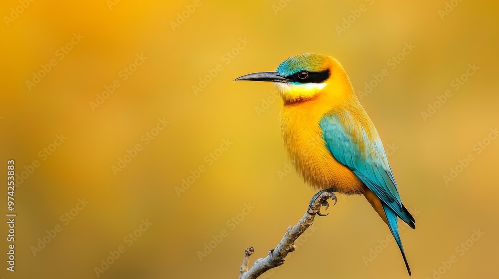A vibrant bird perched on a branch against a softly blurred background A vibrant bird perched on a branch against a softly blurred background