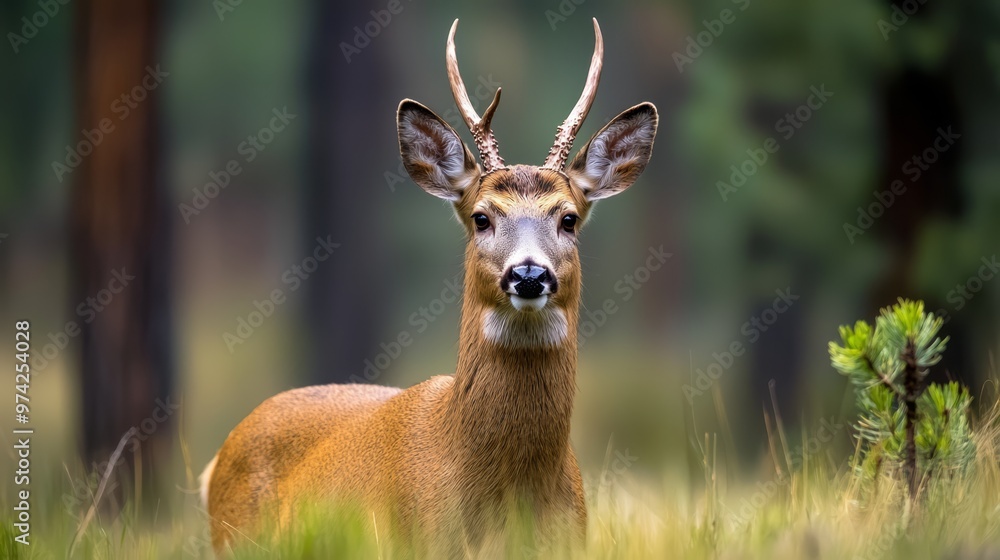 A tight shot of a deer wearing antlers, situated in a lush grassland dotted with trees behind A tight shot of a deer wearing antlers, situated in a lush grassland dotted with trees behind