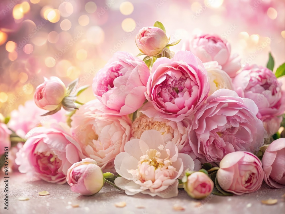 Soft focus pink peonies and roses spill across a delicate, dreamy background, creating a whimsical and romantic Soft focus pink peonies and roses spill across a delicate, dreamy background, creating a whimsical and romantic