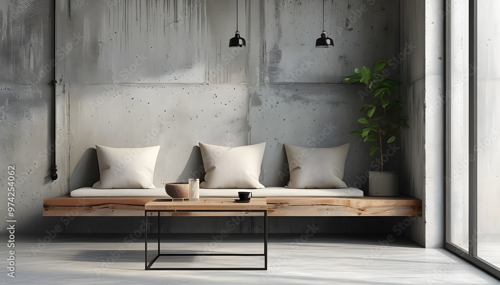 Minimalist cafe corner with raw concrete backdrop, industrial chic ...