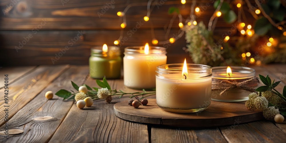 Soft golden light emanates from a minimalist candle arrangement on a rustic wooden table, perfect for branding and Soft golden light emanates from a minimalist candle arrangement on a rustic wooden table, perfect for branding and