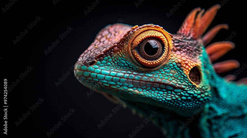 Obraz premium A tight shot of a chameleon's face displays a vivid orange ring encircling one eye