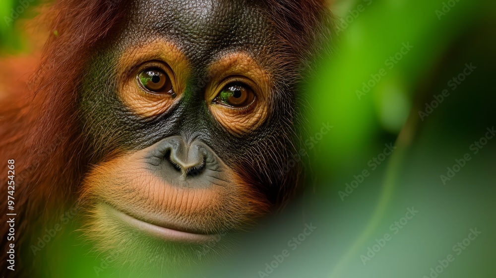 A tight shot of a monkey's face, green leaves nearby in sharp focus, blurred background A tight shot of a monkey's face, green leaves nearby in sharp focus, blurred background