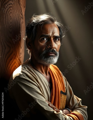 a Indian person is standing against a wall 