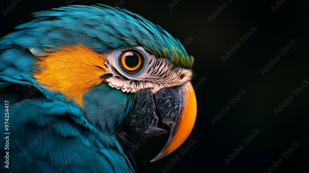 Obraz premium Close-up of a parrot's face against a black backdrop, featuring a yellow and blue striped headband