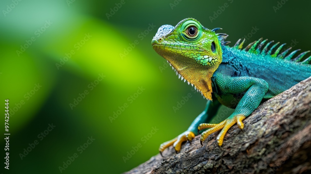 A tight shot of a green-yellow lizard perched on a tree branch against out-of-focus green foliage A tight shot of a green-yellow lizard perched on a tree branch against out-of-focus green foliage