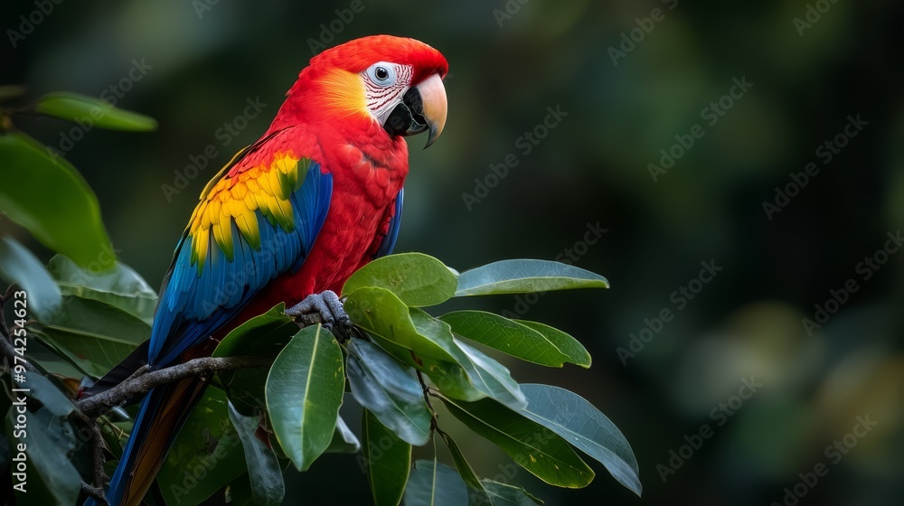 Obraz premium A vibrant parrot perches on a distinct tree branch, adjacent to a lush green one, against a hazy backdrop