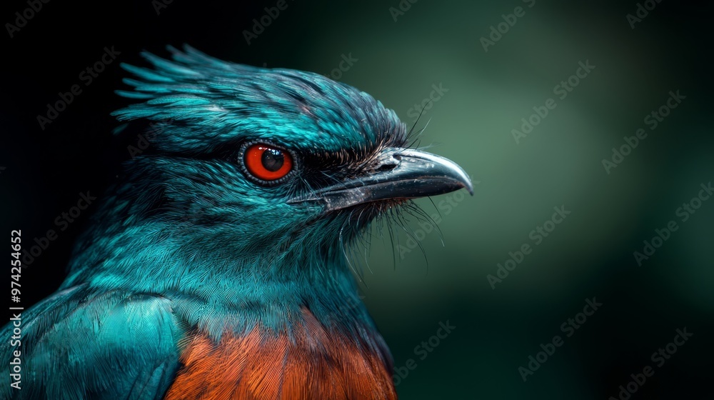 A tight shot of a vivid bird with a red-eyed crest atop its head against a jet-black backdrop A tight shot of a vivid bird with a red-eyed crest atop its head against a jet-black backdrop