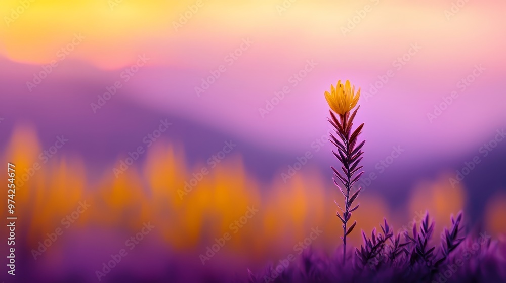 Naklejka premium A yellow flower sits in the foreground against a backdrop of purple, yellow, and pink hues, with mountains in the distant background