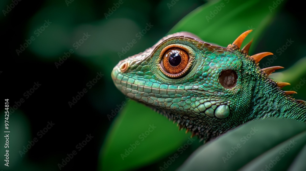Obraz premium A tight shot of a lizard's head above plant leaves in the foreground against a black backdrop