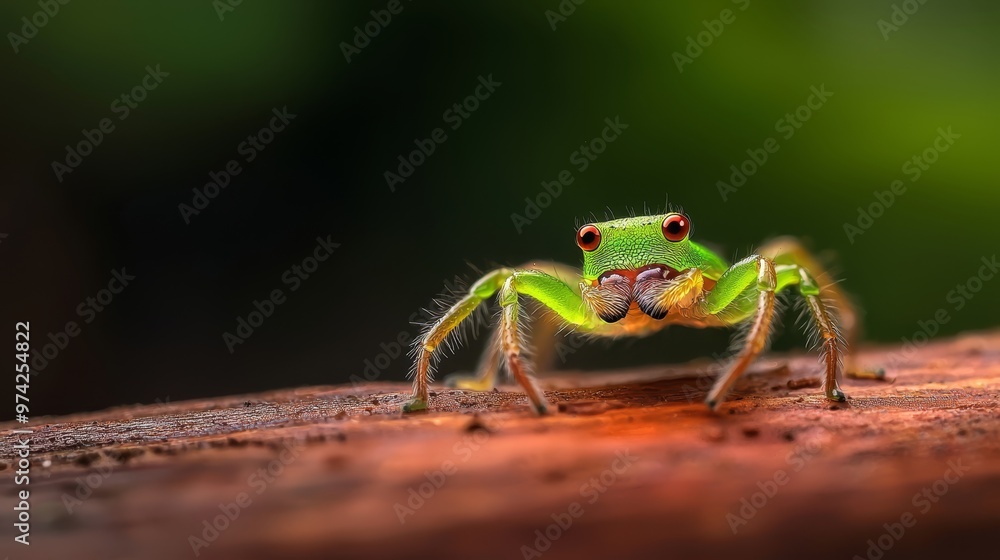 A tight shot of a small, green insect atop a wooden surface, background subtly blurred A tight shot of a small, green insect atop a wooden surface, background subtly blurred