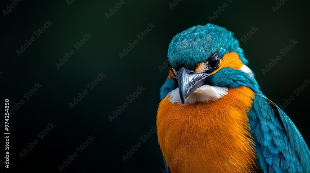 A tight shot of a blue-orange bird against a black backdrop The bird's contrasting colors pop, while a dark background lies hidden behind it A tight shot of a blue-orange bird against a black backdrop The bird's contrasting colors pop, while a dark background lies hidden behind it