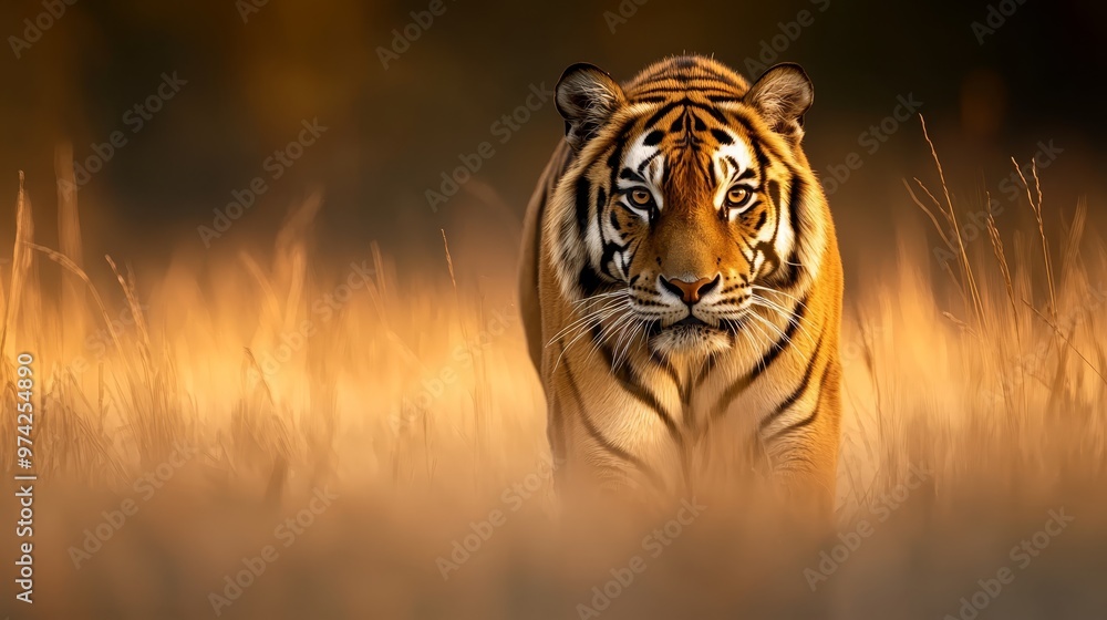 Naklejka premium A tight shot of a tiger in a sea of towering grasses, bathed in the sun's radiant glow as it illumines the feline's countenance