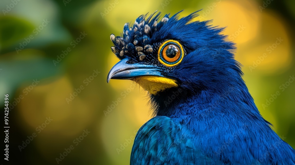 Fototapeta premium beak yellow, head black; background, yellow-green leaves