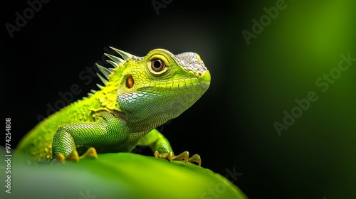 Wallpaper Mural  A tight shot of a green lizard atop a green leaf against a contrasting black background Torontodigital.ca